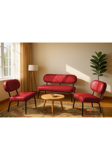 Luna Modern Deri Koltuk Takımı Bekleme Koltuğu Ofis Koltuk Takımı Kırmızı Kırmızı
