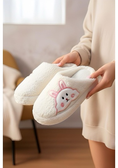 Ft 101 Tavşan Nakışlı Kadın Ev Terliği Peluş Terlik Çeyiz Ve Bohça Terliği Ses Yapmaz Kalın Taban Beyaz