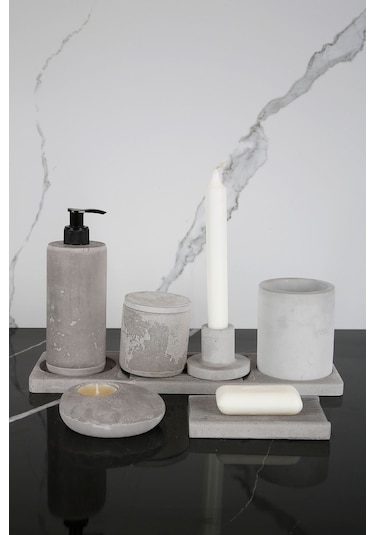 Betonmall 8 Parça Beton Banyo Seti Katı Sıvı Sabunluk Diş Fırçalık Mumluk Tütsülük Tepsi Sunumluk Pamuk Kutusu - Beton Gri Beton Gri