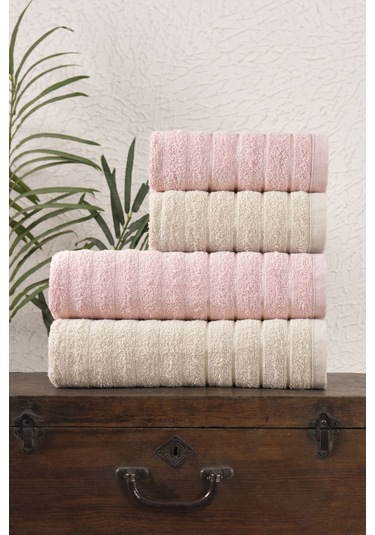 4 Lü Alçay Pudra Bej Banyo Havlu Seti Pudra - Bej