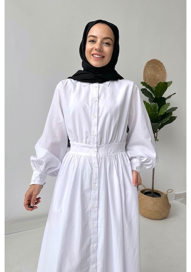 Manşetli Gömlek Elbise - Beyaz