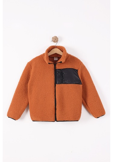 Monox Çocuk Lastik Manşetli Fermuarlı Unisex Kuzu Wellsoft Peluş Ceket Kiremit