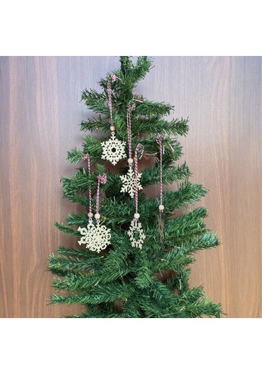 Pilli Peri Ledli 6 Parça Kırmızı Beyaz İpli Kar Tanesi Model Ahşap Yılbaşı Ağaç Süsü 5365