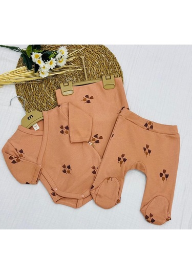 Minisse Baskılı Çıtçıtlı Badi, Alt Ve Müslin Battaniyeli Yenidoğan Bebek 3lü Set Lale