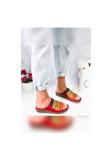 Hakiki Deri Joelle Kırmızı Mor Turuncu Yeşil Bej Comfort Lazer Kesim Terlik 001