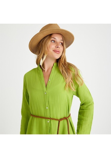 %100 Pamuklu Dokuma Müslin Hakim Yaka Kemer Detaylı Plaj Gömlek Elbise - Medium Yeşil