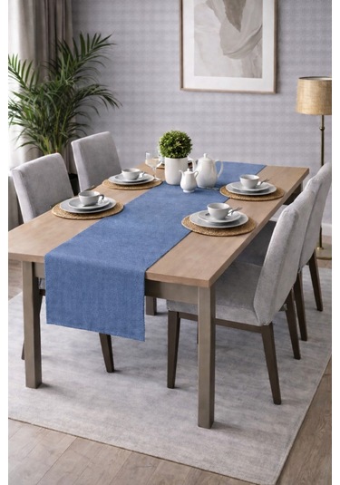 Perdeyap1980 Kadife Dokulu Açık İndigo Renk Ada Serisi Runner 40 X 140 Cm Açık Indigo