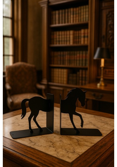 At Figürlü Metal Kitap Tutucu 2 Li Set Dekoratif Masa Üstü Kitaplık Aksesuarı