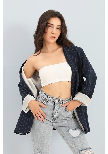 Blazer Ceket Çizgili Atlas Kumaş - Lacivert-lacivert Lacivert