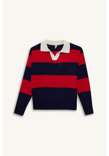 Defacto Polo Yaka Renk Bloklu Triko Lacivert Kız Çocuk Kazak F2622a8/nv42 Lacivert