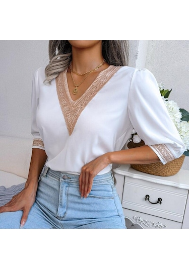 2023 Yaz Gevşek V Yaka Gömlek Bahar Kadın Zarif Dantel Şifon Yarım Kollu Bluz Casual Kazak Blusas Para Mujer Tops 25127 Siyah 2023 Yaz Gevşek V Yaka Gömlek Bahar Kadın Zarif Dantel Şifon Yarım Kollu Bluz Casual Kazak Blusas Para Mujer Tops 25127 Siyah