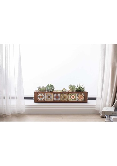 Halohope El Yapımı 6 Meksika Çinili Dekoratif Modern Ahşap Dikdörtgen Kaliteli Bahçe Balkon Saksı Saksılık