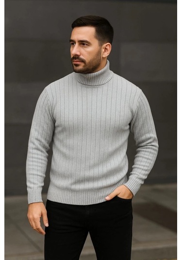 Erkek Balıkcı Yaka Bağazlı Triko Kazak Pamuklu Kalın Fitilli Dokuma, Regular Fit Uzun Kollu Kışlık M Gri