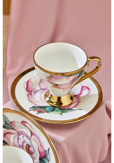 Cooker 6 Lı Lüks Yaldız Porselen Kahve Fincan Takımı Ckr3520 Pembe