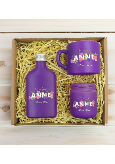 Bk Gift Kişiye Özel İsimli Dtf Anne Temalı Mor Kahve Fincanı & Kolonya & Mum Hediye Seti-3, Anneye Hediye, Anneler Günü Hediyesi Kobitmeyencom30971 Bk