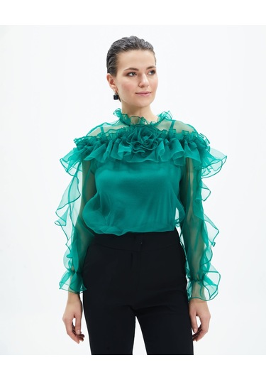 Kadın Volan Detaylı Şifon Bluz Çiçek Yaka Tasarım, Uzun Kollu Yeşil