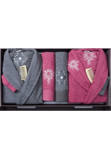 Güvenal Asya 16 Parça Kutulu Çeyizlik Aile Bornoz Seti Bornoz Takımı Çeyiz Seti 2 Gri