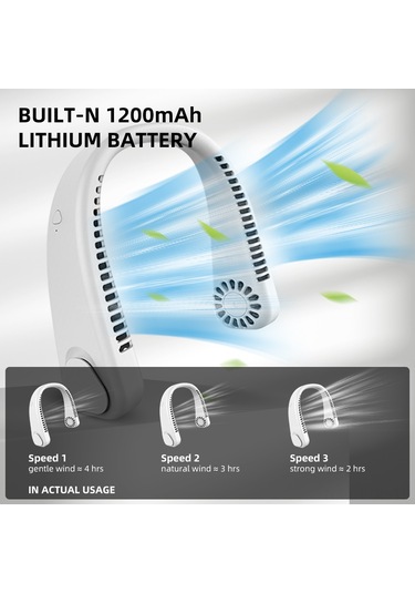 Padalink Usb Şarjlı Boyun Fanı - 360 Soğutma, Sessiz, Taşınabilir, Yaprakssız Tasarım, 1200mah Batarya, Beyaz