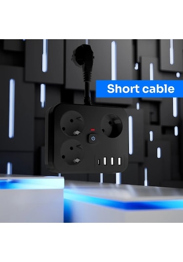 Motion003 7-in-1 Kompakt Güç Şeridi Siyah Açma Kapama Anahtarı Usb Bağlantıları Ac Ve T