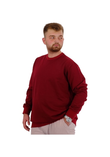 Mode Xl Büyük Beden Erkek Bisiklet Yaka Basic Sweatshirt U24174 Bordo Bordo