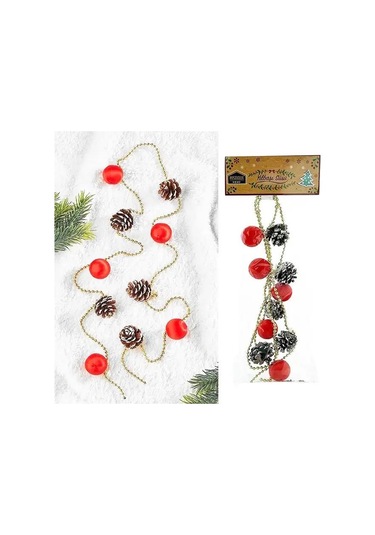 Kırmızı Zincirli Kozalaklı Yılbaşı Ağaç Süsü Toplu Dekoratif Süs