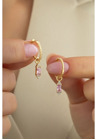 Pembe Taşlı Altın Küpe