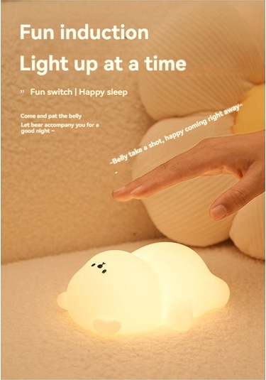 Xurunkeji Silikon Yatan Düz Ayı Led Gece Lambası Sevimli Hayvan Çocuk Gece Lambası Dokunmatik Kontrol Usb Şarj Edilebilir Lambalar Çocuklar İçin Beyaz