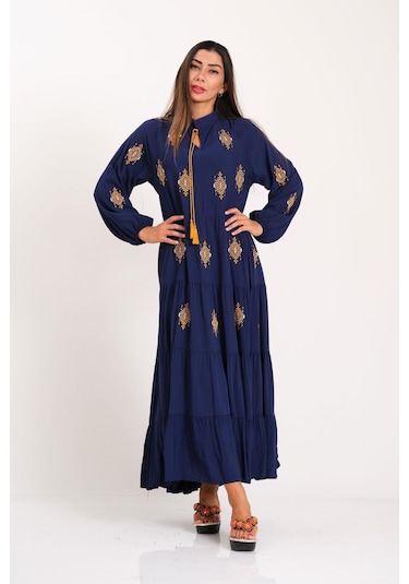 Kadın Lacivert Önü Ve Kolları Otantik Nakışlı Eteği Kat Kat Uzun Elbise-lacivert