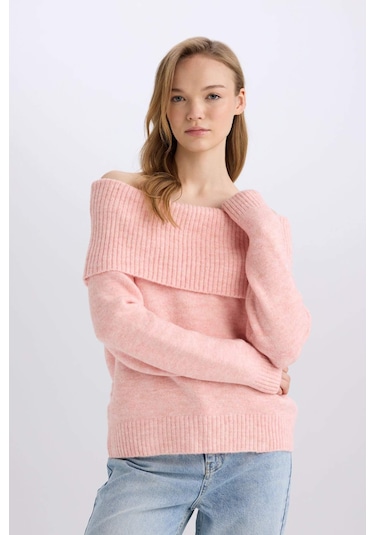 DeFacto Regular Fit Açık Omuz Triko Kazak E4549AX24WNPN589 Pembe