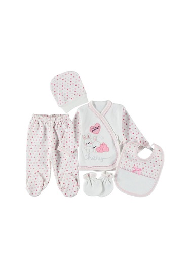 0-3 Aylık 5 Li Tavşan Nakışlı Zıbın Seti Hastane Çıkış Seti %100 Pamuklu Kutusuz Pembe