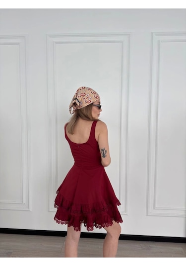 Mini Askılı Elbise - Bordo Bordo
