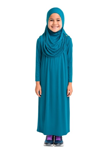 Penye Kendinden Başörtülü Çocuk Namaz Elbisesi Petrol Mavisi/ 6-7-8 Yaş Petrol
