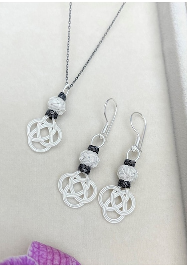 Gümüş Kazaziye Şems Düğümü Kolye Küpe Set - Set09