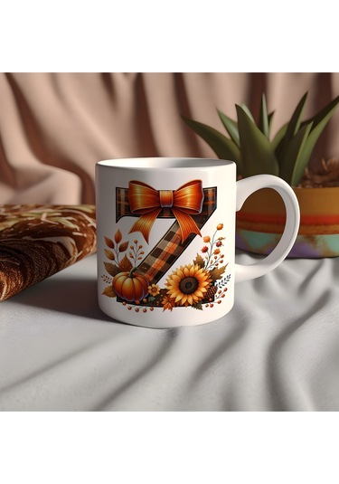 Z Harfi Ekose Ve Sonbahar Temalı Kupa Bardak - Kişiye Özel Sıcak Tonlar Alfabe Kupa - Hediye Beyaz