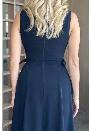 Lacivert Bel Kemer Detaylı Elbise Lacivert