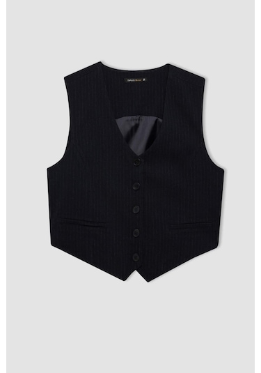 Defacto V Yaka Çizgili Düğmeli Blazer Yelek C2027AX24AUNV91 Lacivert