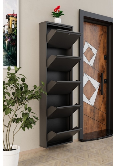 Kilitli 5 Kapaklı Metal Ayakkabılık Antrasit Antrasit