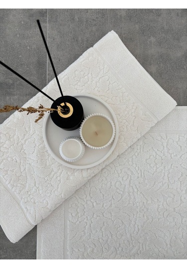 %100 Pamuklu 2'li Ayak Havlusu-damask Desen Ekru
