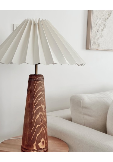 El Yapımı Ahşap Pileli Masa Lambası Abajur Krem  Krem Yükseklik Krem