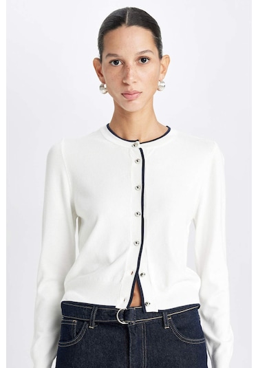 Defacto Regular Fit Basic Düz Bisiklet Yaka Düğmeli Triko Hırka A4731ax24wner105 Ekru