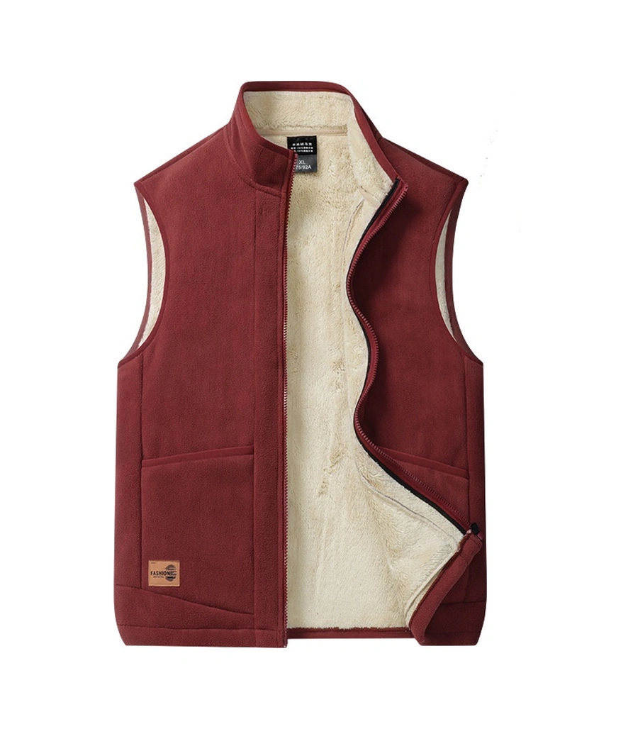 Erkek Sonbahar Ve Kış Kuzu Derisi Yelek Casual Plus Kadife Çift Taraflı Polar Sıcak Yelek Ceket Kırmızı
