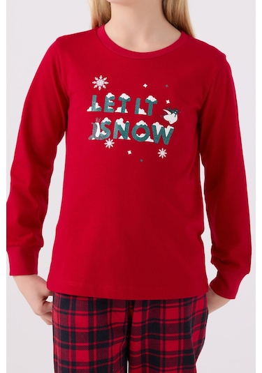 Arnetta 3105 Noel Let İt Snow Kız Çocuk Kırmızı Uzun Kol Pijama Takım Kırmızı