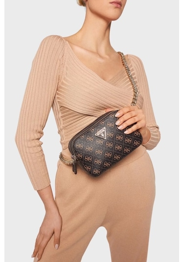 Guess Kadın 4g Logolu Noelle Çapraz Askılı Mini Çanta Açık Kahverengi