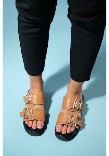 Luvishoes Zley Taba Şeffaf Tokalı Kadın Terlik Taba