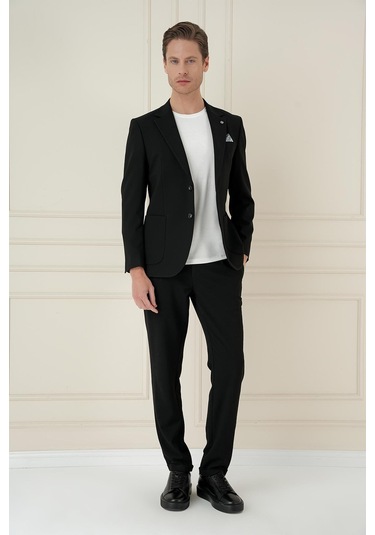 Comfort Fit Mono Yaka Çift Yırtmaç Torba Cep Casual Siyah Ceket C 698 Siyah