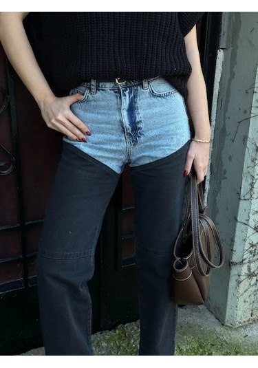 Tarzyeri Kadın Jeans Kot Parçalı Palazzo Pantolon - Siyah Beyaz