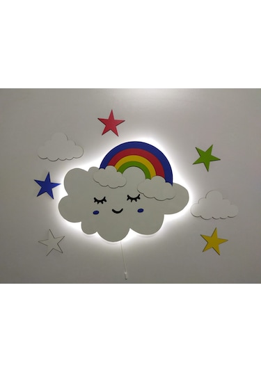 Çocuk Odası Dekoratif Ahşap Işıklı Gökkuşağı Bulut Gece Lambası Çok Renkli