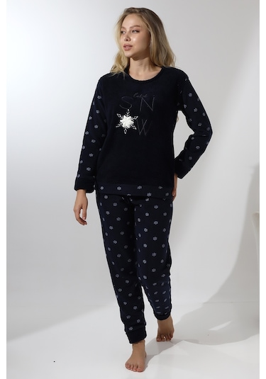 Fawn 5020 Peluş Welsoft Polar Kışlık Yumoş Kadın Pijama Takımı Lacivert
