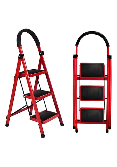 Asil Metal 3 Basamaklı Katlanır Merdiven Kaymaz Yüzeyli Basamaklı Ev Tipi 150 Kg Taşıma Kapasiteli Kırmızı 1 Adet