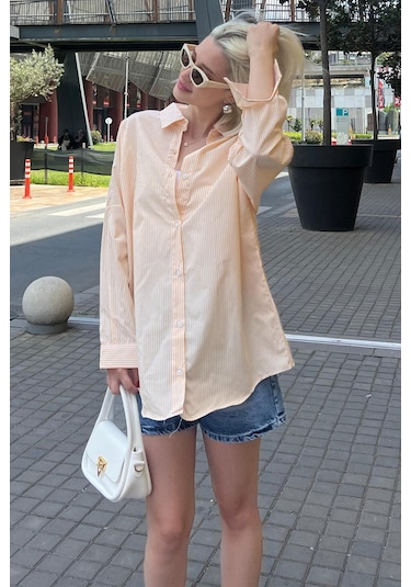 Madmext Sarı Çizgili Over Fit Gömlek Mg1525 Sarı